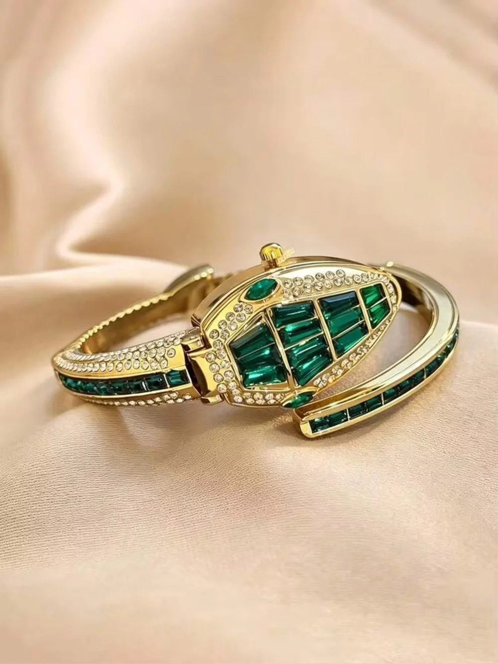 Serpenti Style Emerald Green Crystal Bangle Watch – Gold Tone Quartz Watch